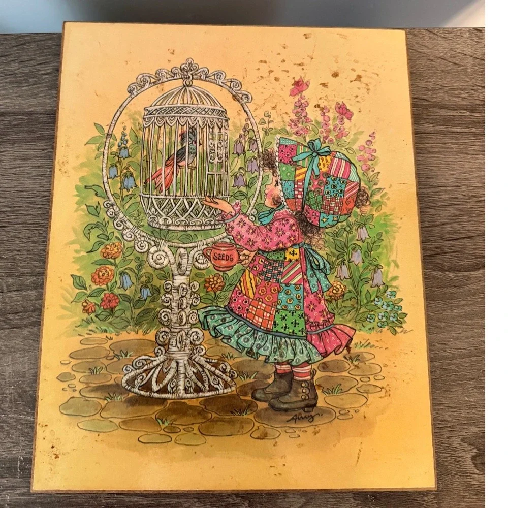 Vintage Patchwork Girl feeding Birds Wooden Wall Plaque Retro 70s Decor 7.5x10